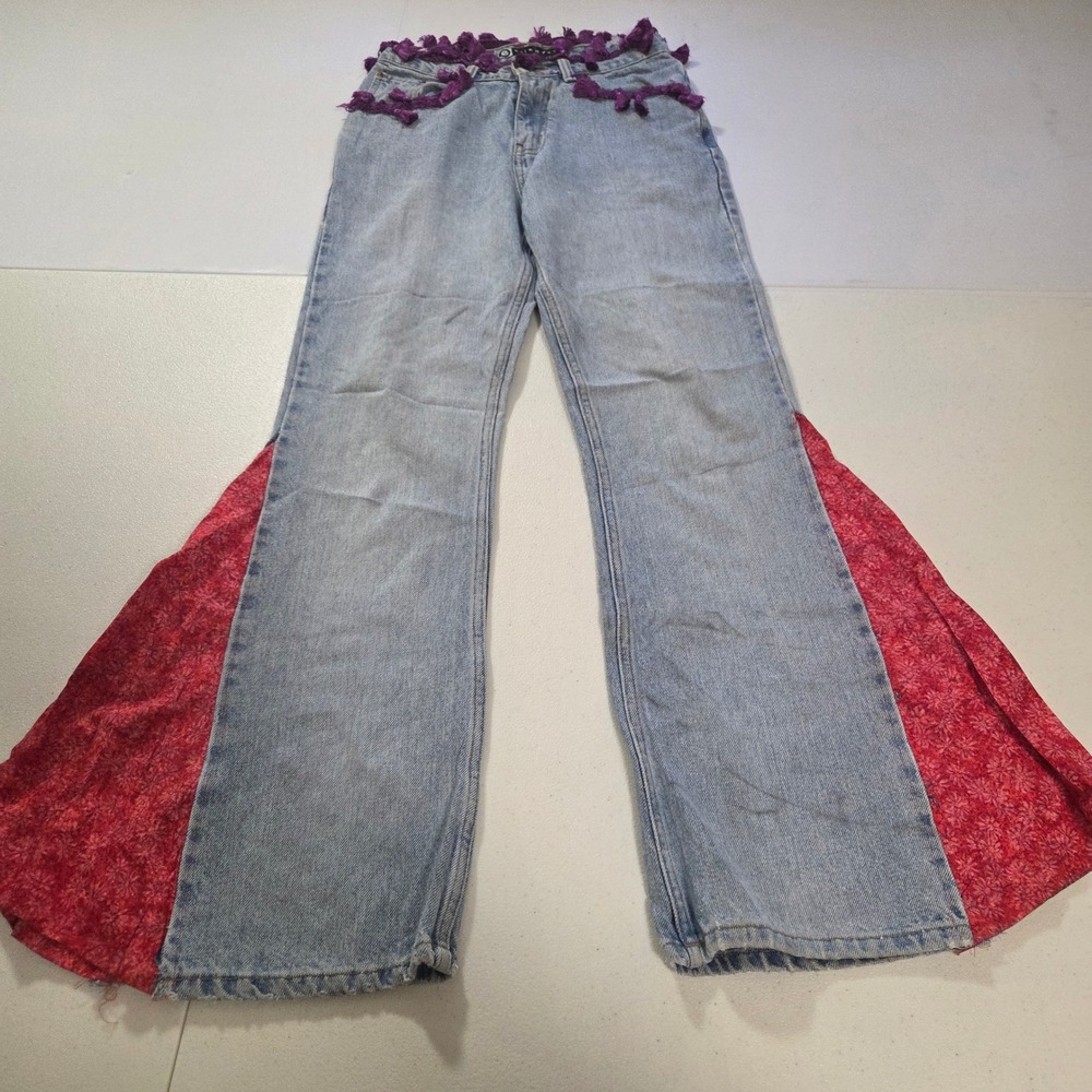 Ellemen O Upcycled Flare Jeans Light Wash Purple Tassel Red Floral 27 Waist